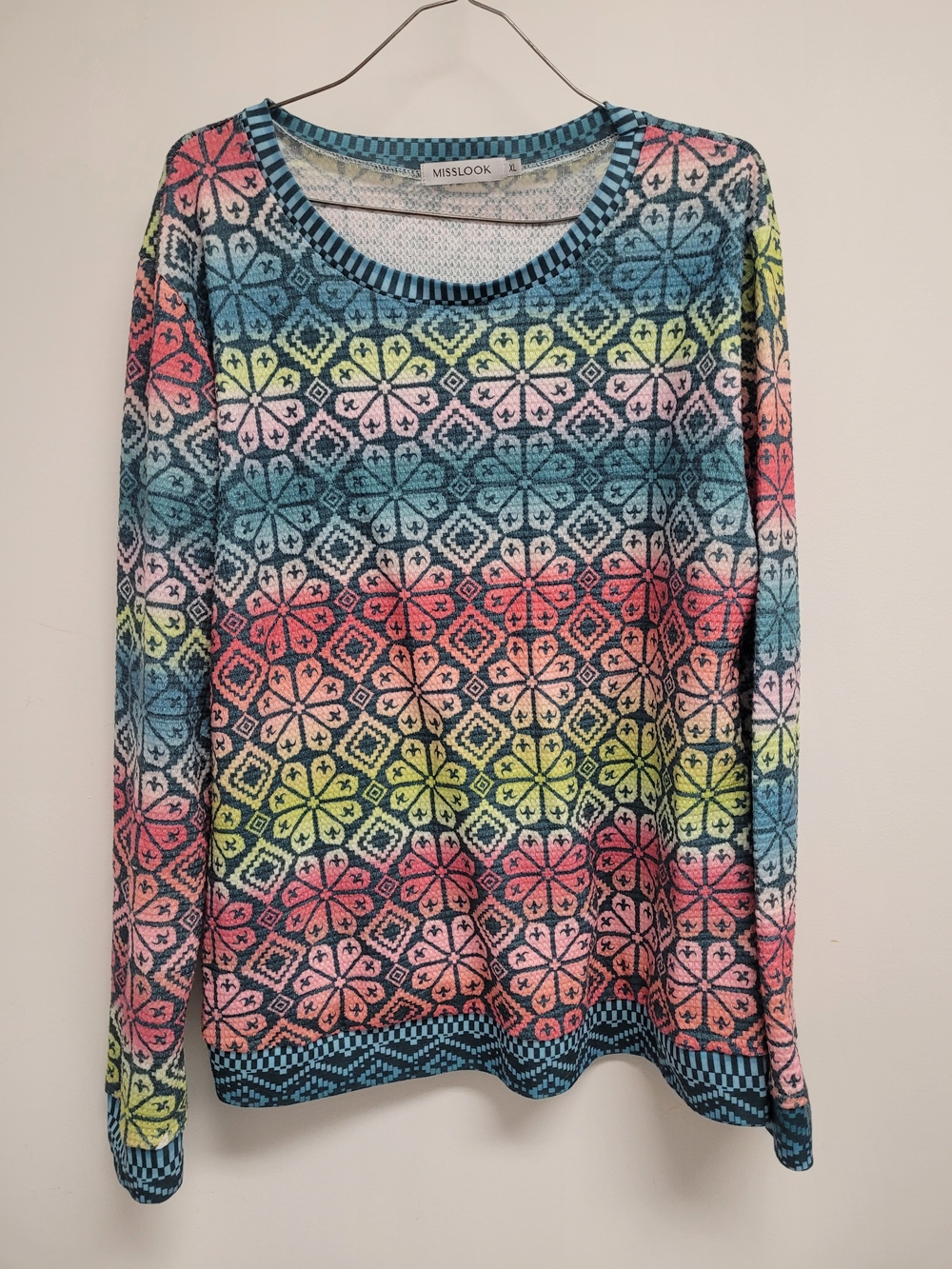 Multicolor Floral Geometric Knit Sweater - Blue/Pink/Yellow/Green